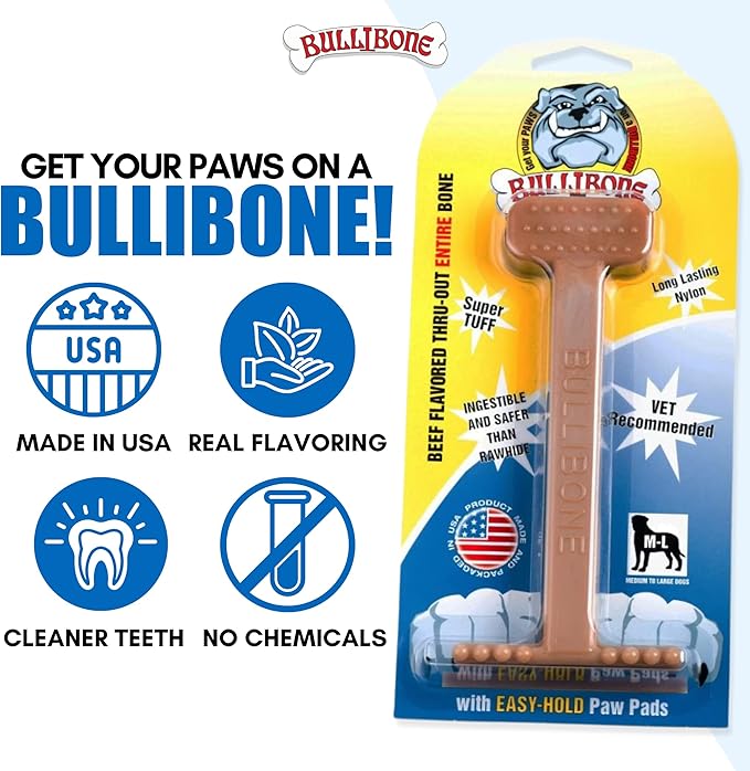 Bullibone Nylon Dog Chew Toy for Aggressive Chewers - Dental Hygiene Bone with Beef Flavor, Durable Tough Chew Toys for Large Dogs, Indestructible Dog Bone - Single