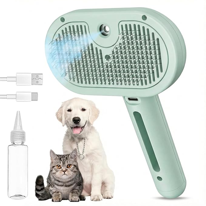 SHAZORY Pet Steam Brush for Dog & Cat - 3-in-1 Steam Grooming Brush for Shedding & Hair Removal - Self Cleaning Spray Comb with Mist for Long Haired Pets - Includes Water Refill Bottle - Green