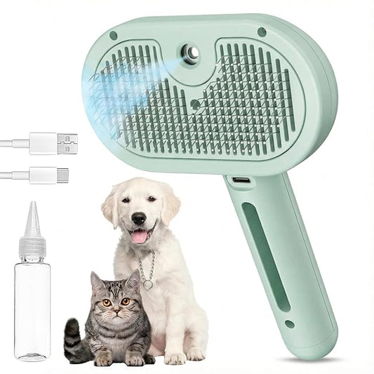 SHAZORY Pet Steam Brush for Dog & Cat - 3-in-1 Steam Grooming Brush for Shedding & Hair Removal - Self Cleaning Spray Comb with Mist for Long Haired Pets - Includes Water Refill Bottle - Green