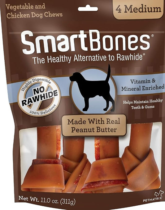 SmartBones Medium Chews With Real Peanut Butter Rawhide- Free Chews For Dogs, 4 Count