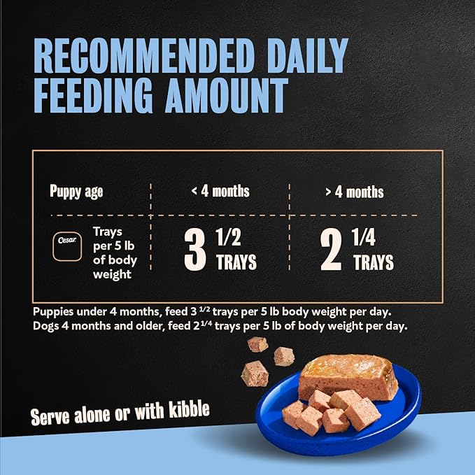 Cesar Puppy Classic Loaf in Sauce Wet Dog Food, Chicken & Beef Recipe, 3.5 oz. Easy Peel Trays, Dog Food Toppers, 24 Count