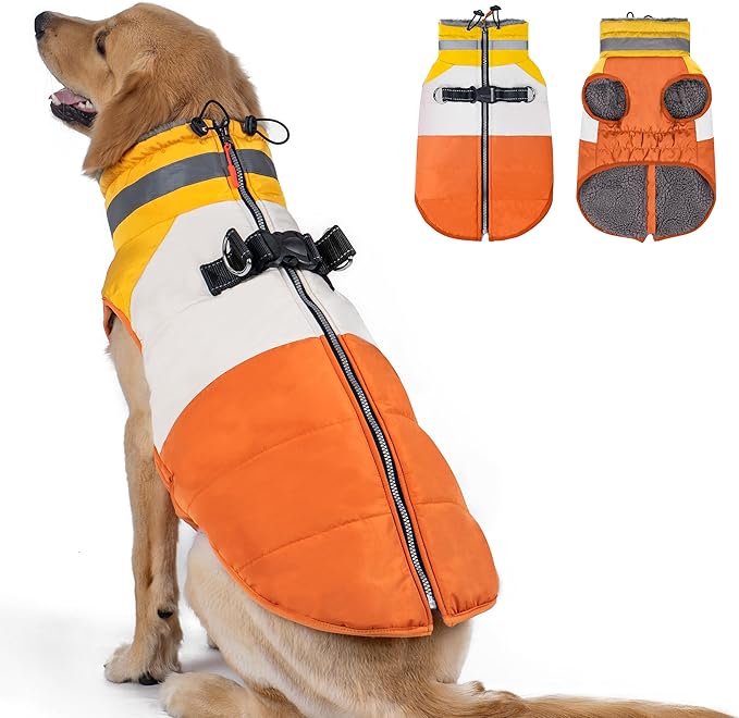 azuza Dog Coats for Large Dogs Waterproof Dog Coat with Reflective Strips and Harness Built in Warm Fleece Dogs Winter Coat Windproof with Back Zipper, Orange 3XL