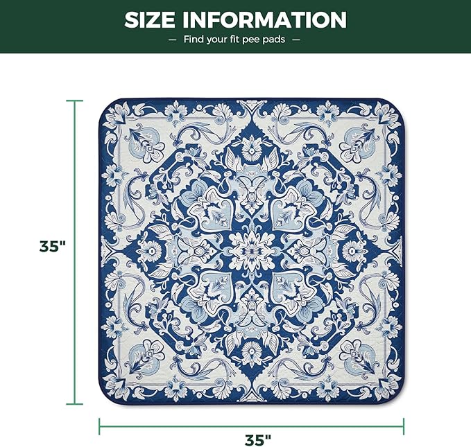 FXW Washable Pee Pads for Dogs, Puppy Pads with Super Absorbent, Specifically Designed for Potty Training, 35" Square, Mandala Blue, 2 Packs