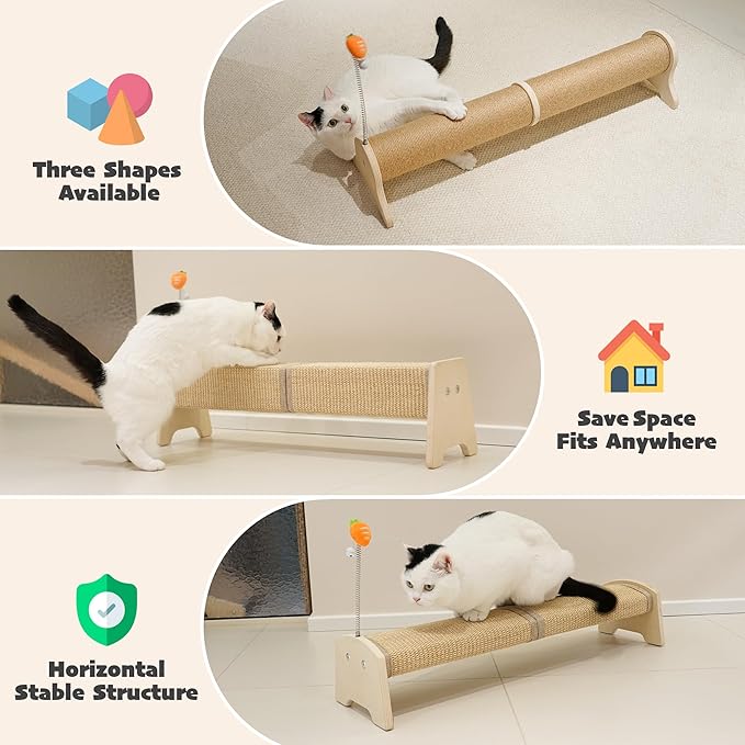 PETKARAY Horizontal Scratching Post, 30" Sisal Cat Scratch Pad, Large Floor Mounted Cat Scratcher with Spring Toy, Protect Furniture for Indoor Kitten