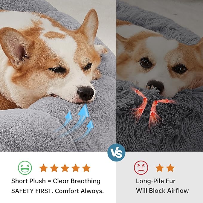 OhGeni 31 inches Calming Donut Orthopedic Dog & Cat Bed for Medium Pets, Warming Comfort Fluffy Short Pile Fur, Durable Waterproof Machine Washable Removable Cover, Round Bed for Puppy, Light Gray