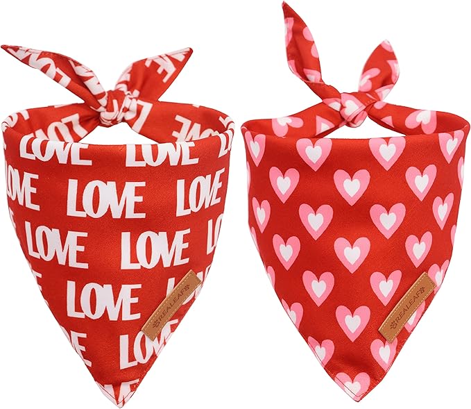 Realeaf Love Dog Bandanas 2 Pack, Triangle Reversible Mothers Day Valentine's Day Pet Scarf for Boy and Girl, Premium Durable Fabric, Holiday Bandana for Small and Medium Dogs (Small)