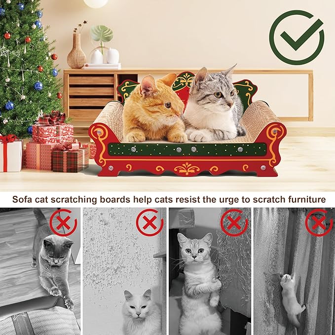 Scratching Sofa,Christmas Theme Couch Shaped Thick Scratching Cardboard, Lounge Bed for Indoor Rest&Play, Sofa Scratcher Pad (Red, 23" L X 12.2" W X 10.7" H)
