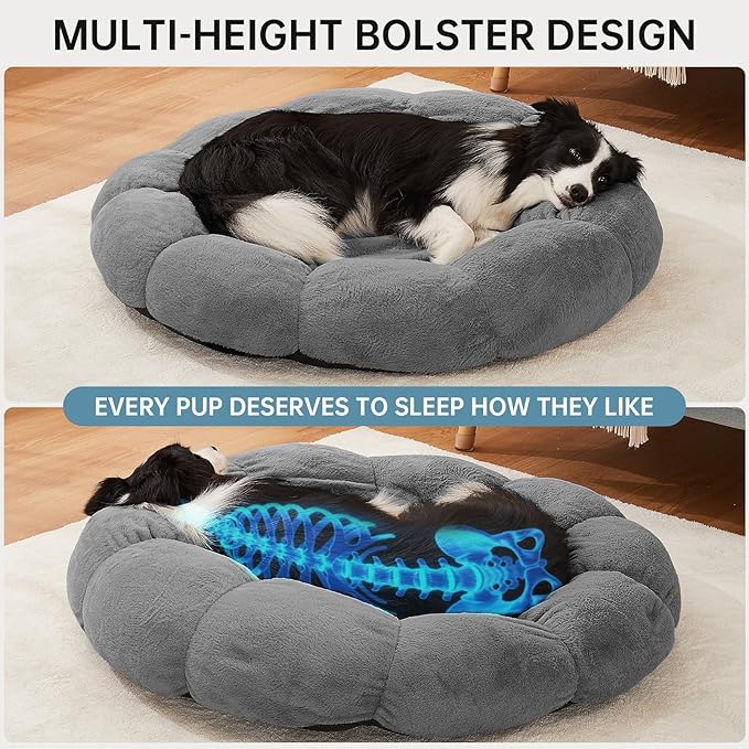 OhGeni 36 inches Calming Donut Orthopedic Dog & Cat Bed for Large Pets, Warming Comfort Fluffy Short Pile Fur, Durable Waterproof Machine Washable Removable Cover, Round Bed for Puppy, Dark Gray