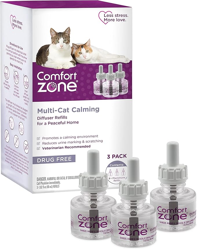 COMFORT ZONE Multi Cat Calming Diffuser Refill, 3 Pack – Cat Calming Pheromone Refills Help Reduce Anxiety, Stress, Scratching, Urine Marking, Multi-Cat Aggression, (30-Day Refills, 90-Day Supply)