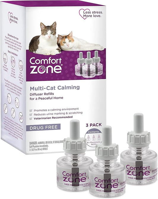 COMFORT ZONE Multi Cat Calming Diffuser Refill, 3 Pack – Cat Calming Pheromone Refills Help Reduce Anxiety, Stress, Scratching, Urine Marking, Multi-Cat Aggression, (30-Day Refills, 90-Day Supply)