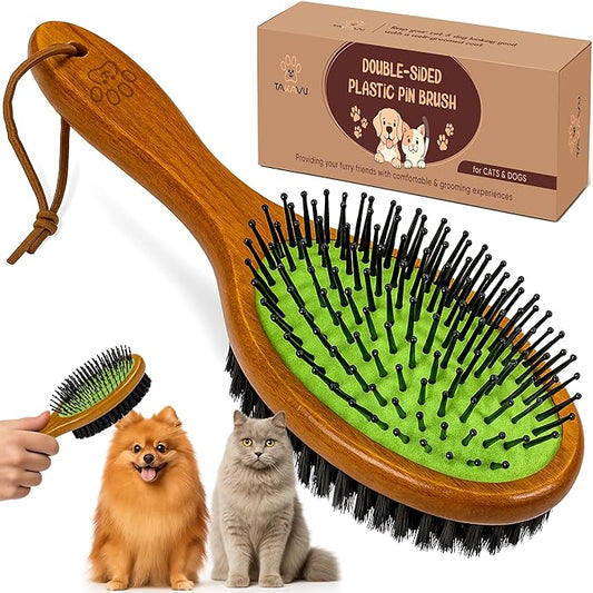 TAKAVU Pin & Bristle Pet Brush for Dogs & Cats - Double Sided Grooming Tool Detangles, Removes Loose Hair & Conditions Coat - Wood Handle