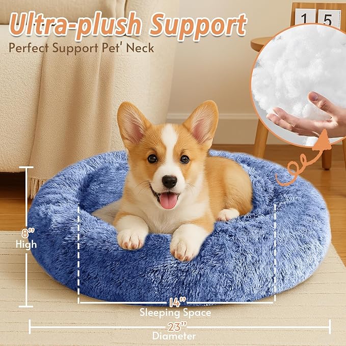 JOLLYVOGUE Calming Dog Bed for Small Dogs - 23 inches Donut Washable Small Dog Bed for Kittens & Puppies, Anti-Slip Round Fluffy Plush Faux Fur Cat Beds (Fits up to 25 lbs Pets, Navy Blue)