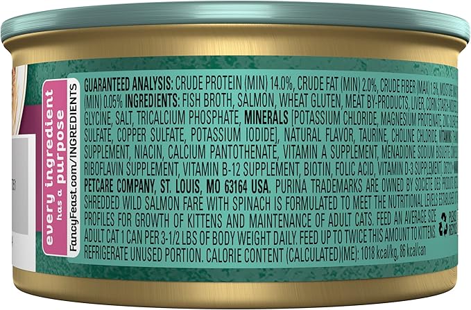 Purina Fancy Feast Wet Cat Food, Medleys Shredded Wild Salmon Fare with Spinach in a Savory Cat Food Broth - 3 oz. Can (Pack of 12)