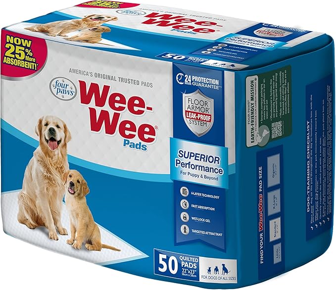 Four Paws Wee-Wee Superior Performance Unscented Pee Pads for Dogs & Puppies, Quilted Leak-Proof Dog Housebreaking Potty Training Floor Protection, 22" x 23", 50 Count