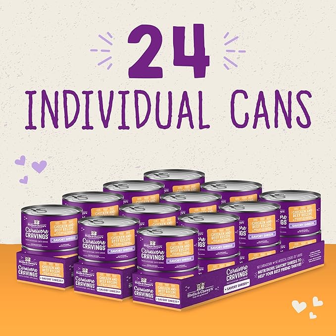 Stella & Chewy's Carnivore Cravings Savory Shreds - Wet Cat Food - High-Moisture Formula with Premium Cage-Free Chicken & Grass-Fed Beef - Perfect for Picky Eaters - 5.2 oz, 24 Count