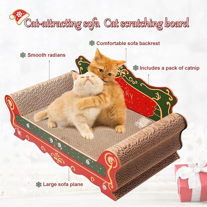 Scratching Sofa,Christmas Theme Couch Shaped Thick Scratching Cardboard, Lounge Bed for Indoor Rest&Play, Sofa Scratcher Pad (Red, 23" L X 12.2" W X 10.7" H)