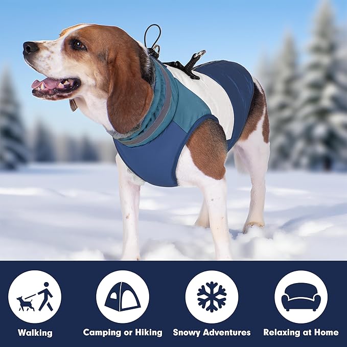 azuza Dog Coats for Large Dogs Waterproof Dog Coat with Reflective Strips and Harness Built in Warm Fleece Dogs Winter Coat Windproof with Back Zipper, Navy 3XL