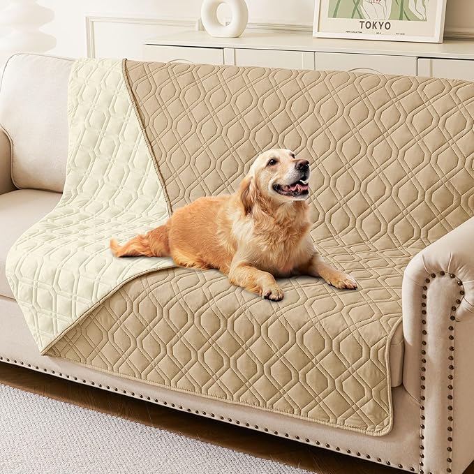 hyha Waterproof Dog Bed Blanket, Soft Pet Blankets, Waterproof Couch Cover for Dogs, Reversible Sofa Covers Washable for Furniture (68x82 Inch, Camel/Beige)