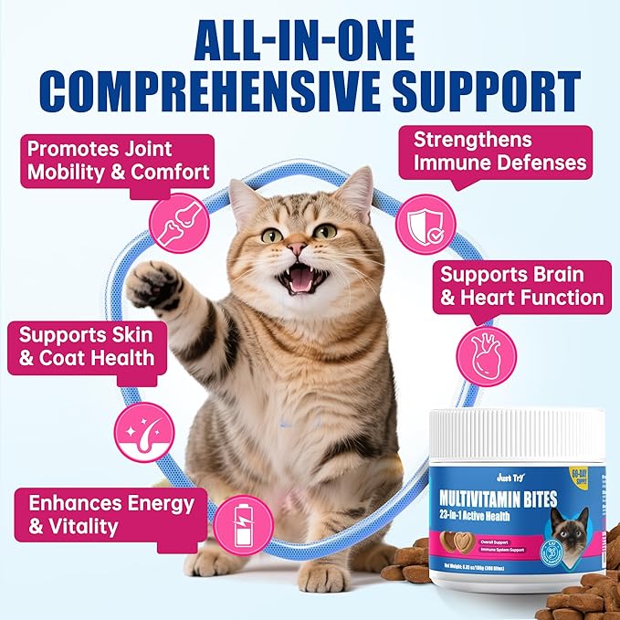 Just Try 23 in 1 Taurine for Cats Vitamins Treats with L-Lysine for Immune, Joint Support Skin & Coat & Heart Health - Multivitamin, Omega 3, Biotin Supplements for Indoor & Senior Cats - 300 Bites