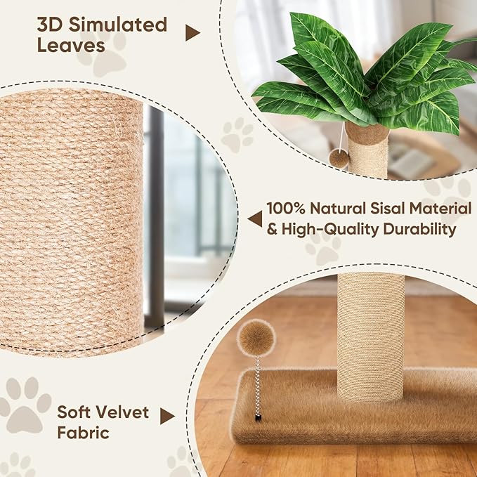 XiaZ Cat Scratching Post 34'' Tall, Cat Scratchers Tree Tower for Indoor Kitty with Extra Wide 15.8" Stable Base and 2 Toy Balls, Natural Sisal & Plush Fabric for Small, Medium Cats (Brown, 2.8in)