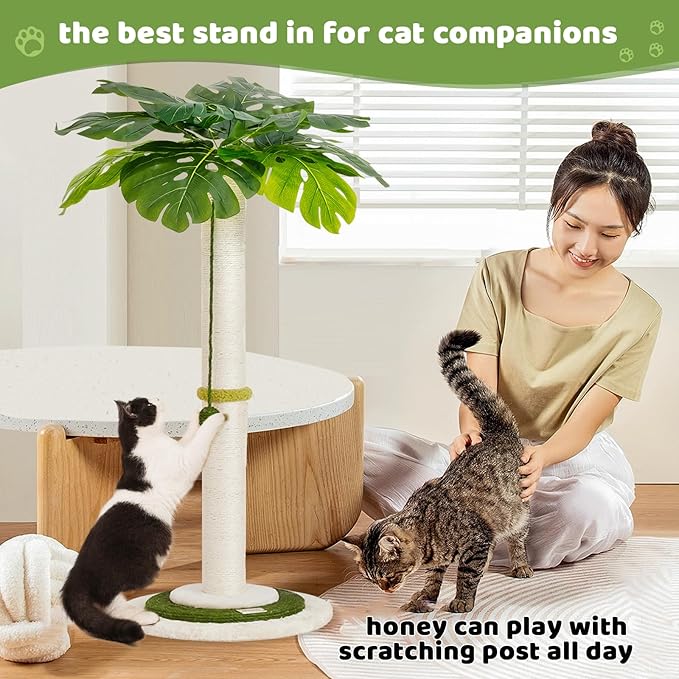 Meowoou Cat Scratching Post for Space-Saving,35” Tall Modern Monstera 3 Layer Cat Tree Tower with Sisal Rope Hanging Interactive Ball for Indoor Cats and Kitten Climbing,Play & Rest
