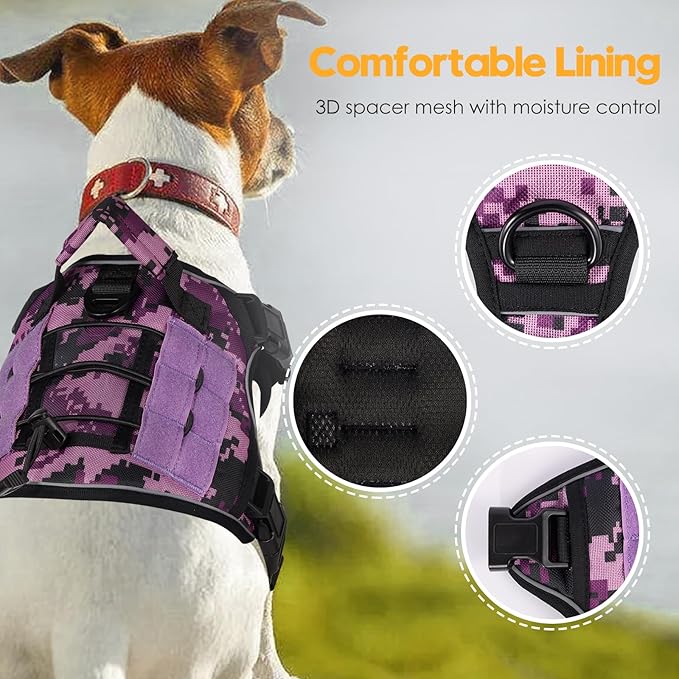 Heavy-Duty Tactical Dog Harness for Large Dogs, No Pull Adjustable Reflective Pet Vest with Molle System, K9 Military-Grade Control for Service Training, Outdoor & 10+ Breeds, Purple Camo, Medium