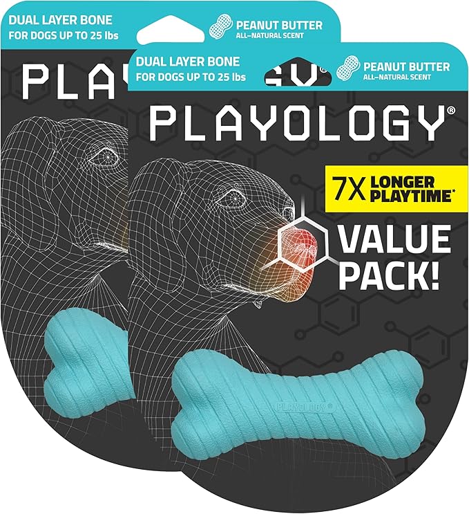 Playology Dog Toys | Dual Layer Bone Durable Chew Toy Bone for Dogs (Value 2-Pack) | Small Peanut Butter Scented Toy - Easy to Clean and Made from Non Toxic Materials