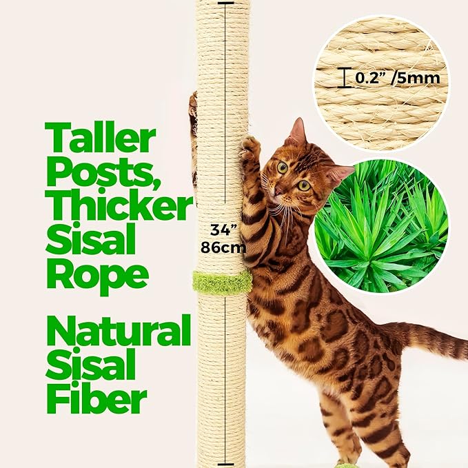 TINYBEAST 34" Tall Cat Scratching Post, Cat Scratcher Featuring Natural Sisal Rope, Cat Tree with Interactive Plush Toy Ball and Stable Base for Indoor Large Adult Cats & Kittens