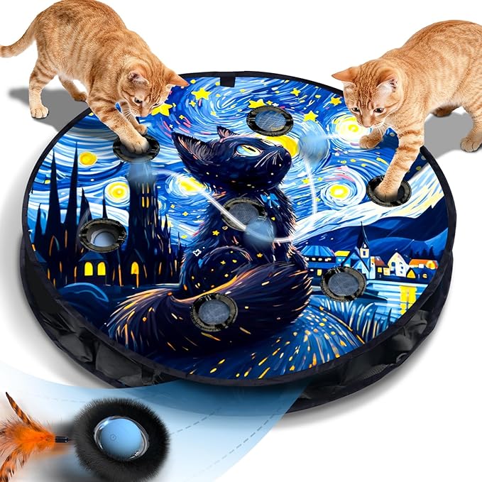 Interactive Cat Toy with Motion Activated Ball & 7-Hole Play Mat, Hide and Seek Exercise Game for Indoor Cats, Automatic Moving Cat Ball in Pouch, Rechargeable Kitten Toys