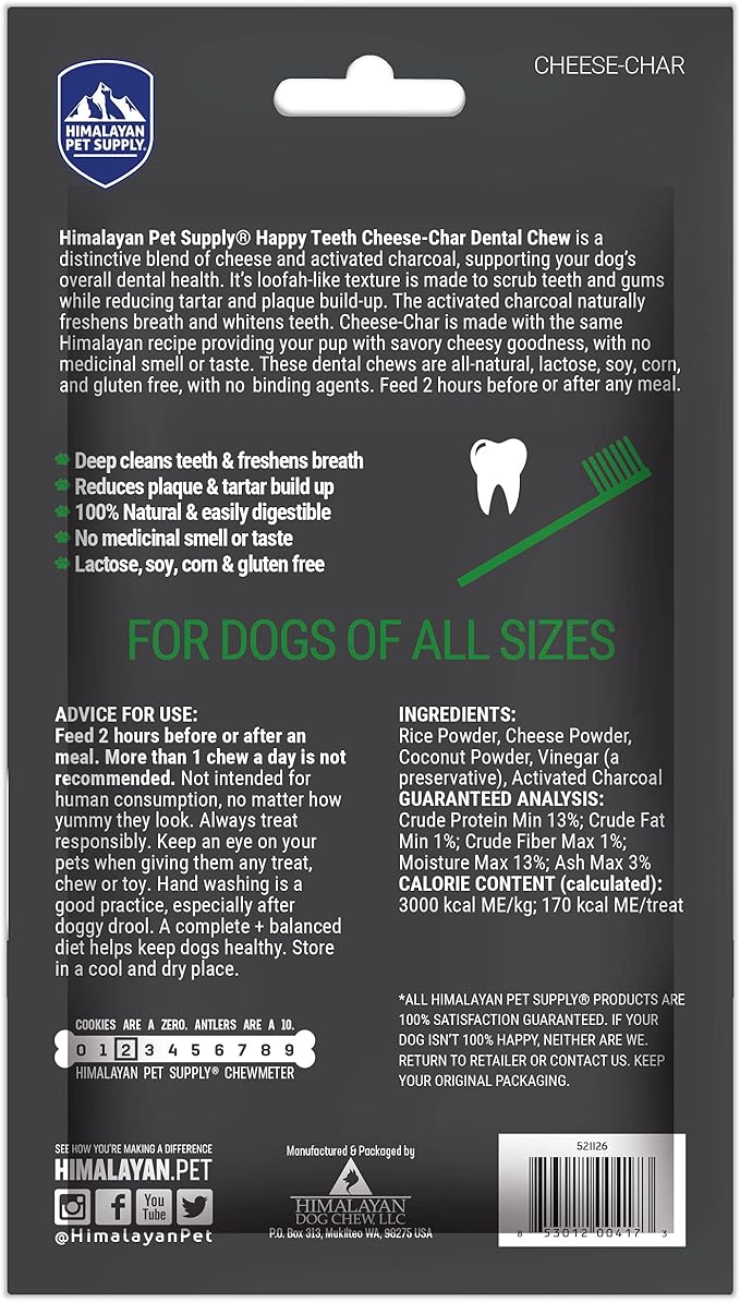 Himalayan Dog Chew Happy Teeth Yak Cheese, Soft Dog Chew, 100% Natural Soft Density Dental Treats, Gluten Free, Safe Treats for Oral Health, Lactose & Grain Free, Protein Rich, Cheese-Charcoal 2 Count