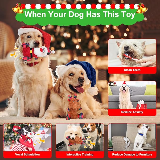 Christmas Dog Toys,2 Packs of Cute Santa Claus and Reindeer Shapes,Squeaky Plush Interactive Chew Pet Toys,Gifts for Small Medium and Large Dogs