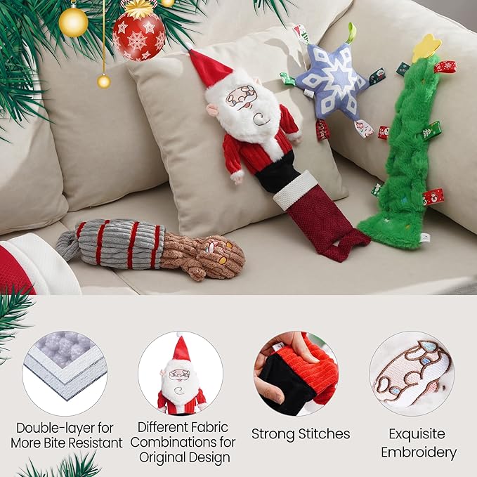 Nocciola 4 Pack Christmas Dog Toys, Interactive Crinkle Dog Squeaky Toys, Plush Dog Toys for Christmas, Christmas Toys for Puppy Small Medium Large Dogs & Aggressive Chewers