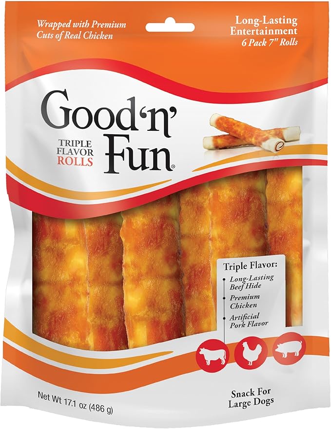 Good'n'Fun Triple Flavor 7 inch Rolls, Chews for Dogs, 6 Count (Pack of 1)
