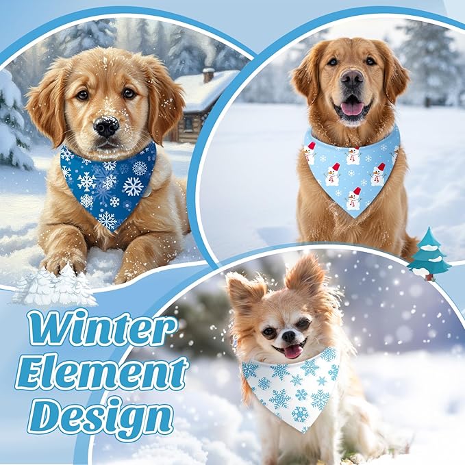 Preboun 200 Pcs Winter Dog Bandanas Bulk Blue Snowflakes Snowmen Bandanas for Dogs Triangle Kerchief Bibs Scarf for Pet Costume Photo Props Accessories Grooming Services Pet Shops Groomers, 25 Styles