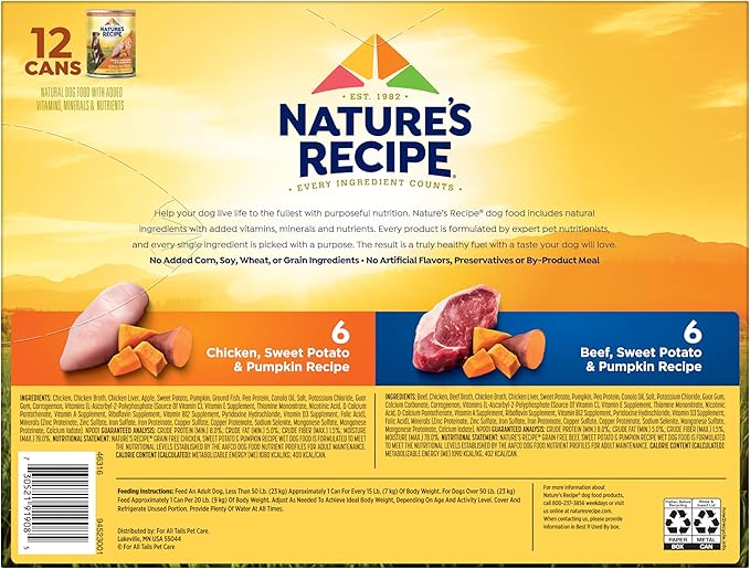 Nature’s Recipe Grain Free Wet Dog Food Paté Variety Pack Chicken and Beef Recipes with Sweet Potato & Pumpkin, 13oz. Cans (Pack of 12 Cans)