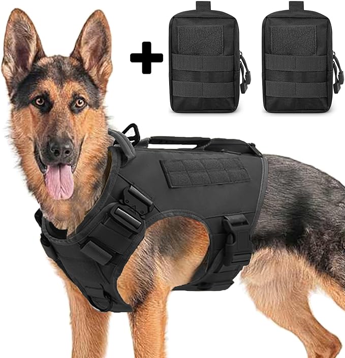Tactical Dog Backpack Harness for Large Breed Original Design Metal Buckle Vest with Side Bags Pouches for Service Working Training (Black (with 2 Pouches), XL)