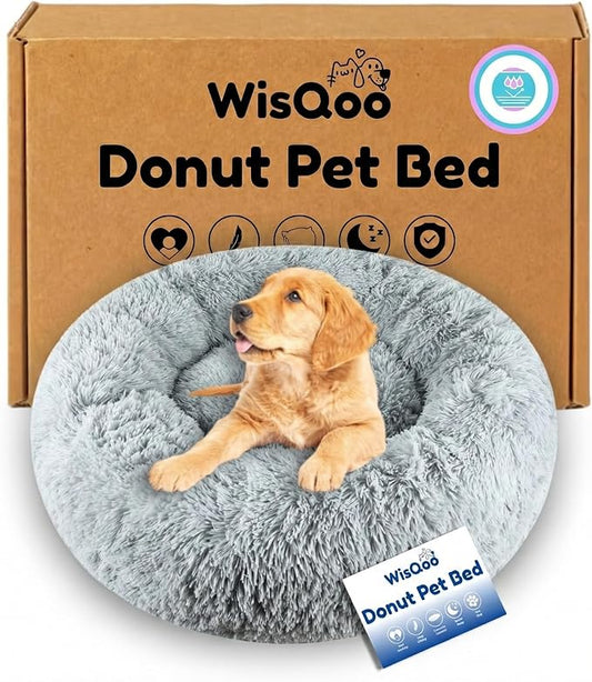 Calming Donut Pet Bed – Plush & Supportive Round Bed with Extra Filling for Comfort – Removable Cover & Water-Resistant Liner – Cozy, Fluffy Nest for Dogs & Cats (Grey, 23" L x 23" W x 8”Th)