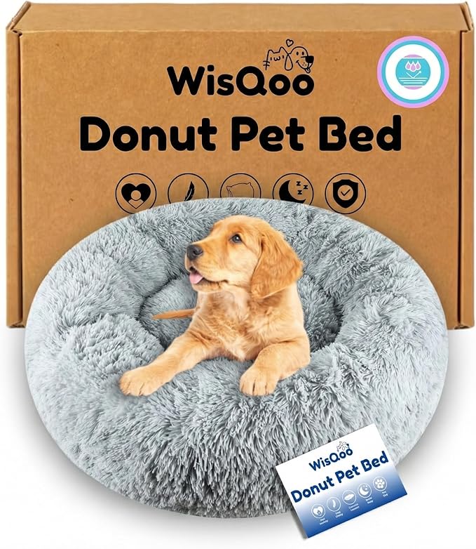 Calming Donut Pet Bed – Plush & Supportive Round Bed with Extra Filling for Comfort – Removable Cover & Water-Resistant Liner – Cozy, Fluffy Nest for Dogs & Cats (Grey, 36" L x 36" W x 10”Th)