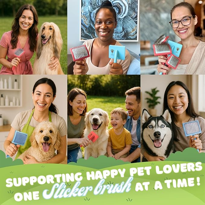 Pet Slicker Brush With Soft Massage Grooming Stainless Steel Pins - For Dematting, Shedding Fur, and Undercoat - Ideal Gift for Professional Pet Groomers - Long Slicker Brush (Blue, Curved Large)