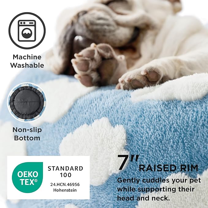 Lesure Shown on TV Donut Dog Beds for Small Dogs - Calming Cat Beds for Indoor Cats as Christmas Bed Gift with Washable Cover, Round Home Decor Cute Pet Beds with Jacquard Shaggy Plush, 23 Inch, Blue