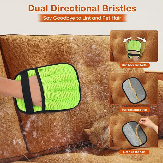 2Pcs Pet Hair Removal Gloves for Cats & Dogs: Upgraded Five-Finger Electrostatic Magic Brush | Reusable Pet Fur Remover Glove for Laundry, Couch, Carpet, Car Seats, Furniture & Clothing (Neon Green)