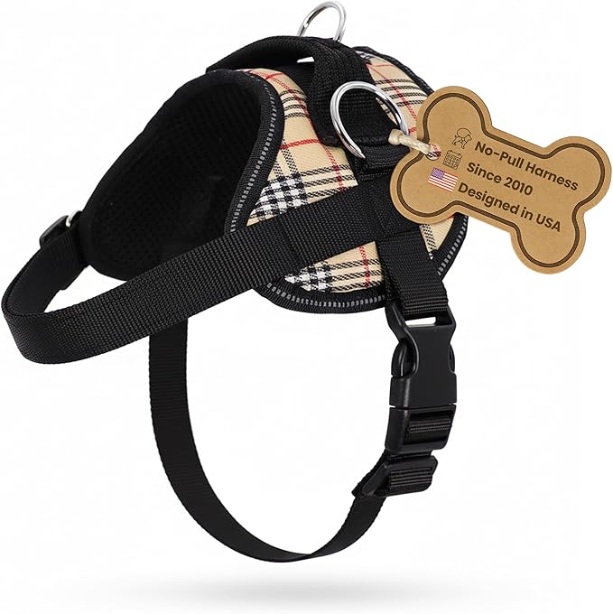 Bark Appeal Tan Plaid No-Pull Dog Harness for Extra Large Sized Pets – Adjustable, Reflective Vest with 3 Leash Clips for Added Control, Easy Walks & Training – XXL
