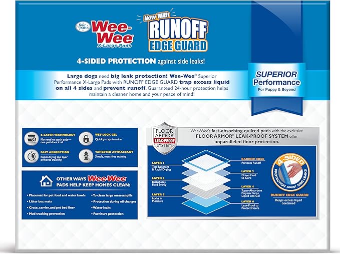 Four Paws Wee-Wee Superior Performance Pee Pads for Dogs with Runoff Barrier Edge Guard Protection, Puppy & Dog Potty Training Pads, Housebreaking Supplies, 28" x 34" (75 Count)