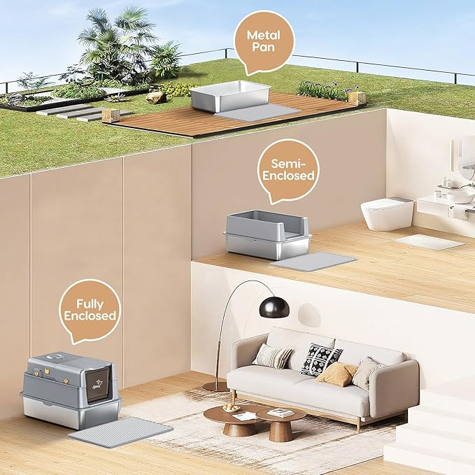 L7 Pro-Stainless Steel Litter Box with Lid, XXL Extra Large Enclosed Metal Cat Box for Kitty&Big Cats, Odor Control - Cat Litter Deodorizer, High Sided Enclosure with Scoop & Mat, Anti-Leakage-Grey