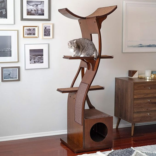 The Refined Feline 69 Inch Tall Mahogany Brown Lotus Cat Tower, Multi-Level Modern Cat Tree for Indoor Cats with Scratching Post, Climbing Cat Condo with Cushioned Cubby