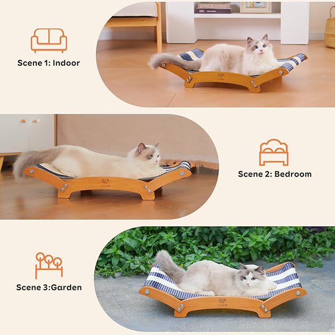 Extra-Larger Sisal Cat Scratcher Bed, Durable Cat Scratching Post with Hammock for Indoor Cats Lounger & Sleep & Scratch, Natural Sisal Cats Scratch Pad, Sturdy Solid Wood Frame (BeigeBlue)