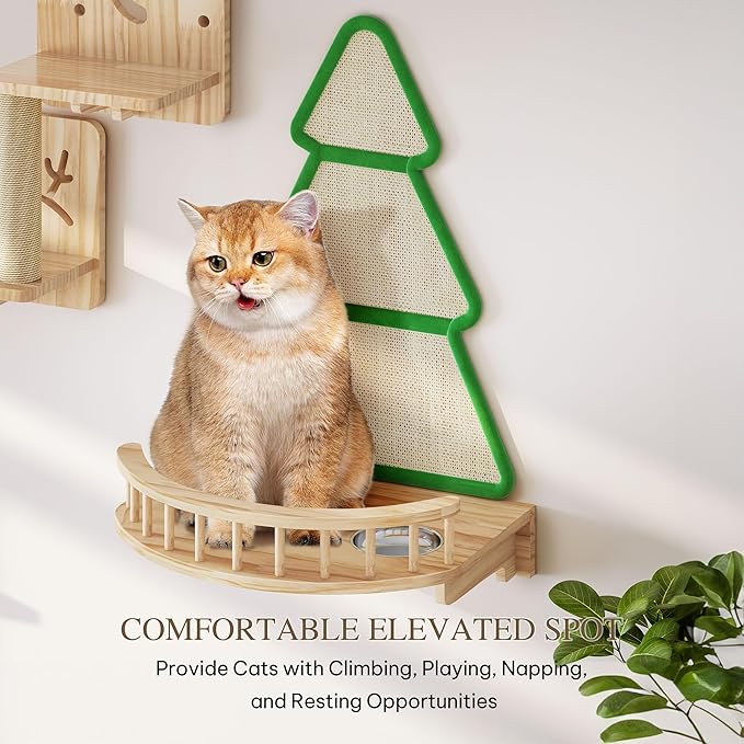 Cat Wall Shelves, 17-in-1 Solid Wood Wall-Mounted Cats Furniture Set with Scratching Post, Cat Climbing Wall Systems with Condos, House, Steps, Cushion, Small Bowl, Cats Shelf Furniture