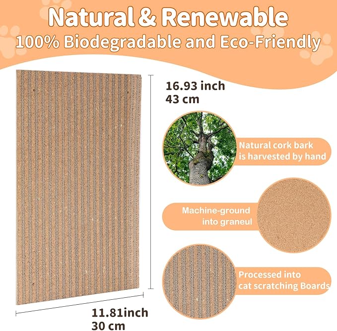 Cork Cat Scratcher Boards for Wall & Floor - Natural Cork & Cardboard Blend, No Mess Splinters, Durable Easy Clean - Adjustable Height for All Cats, Furniture Protector【3-Pack】