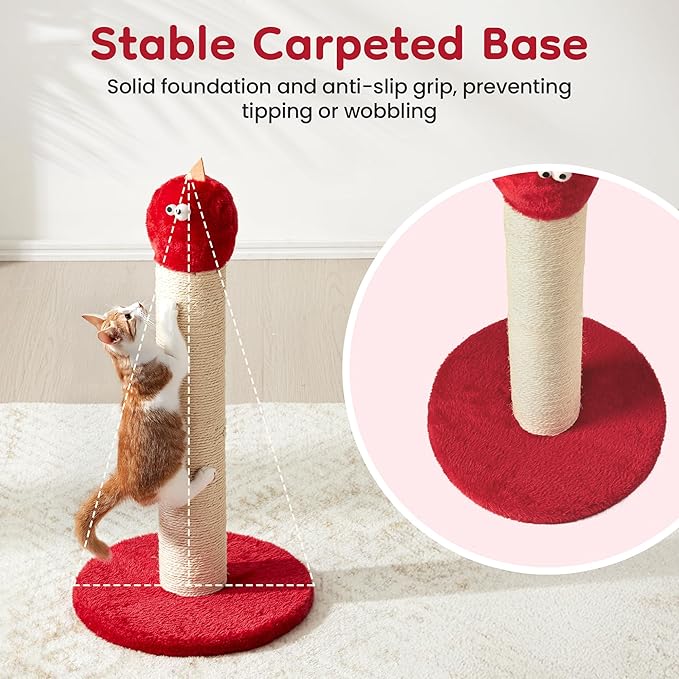 Indoor Cat Scratching Post: 22 in Tall Cat Scratcher with Natural Sisal Rope, Cute Monster Design Kitty Pet Tower with Sturdy Wood Base, Great Gift for Small and Large Kittens, Red