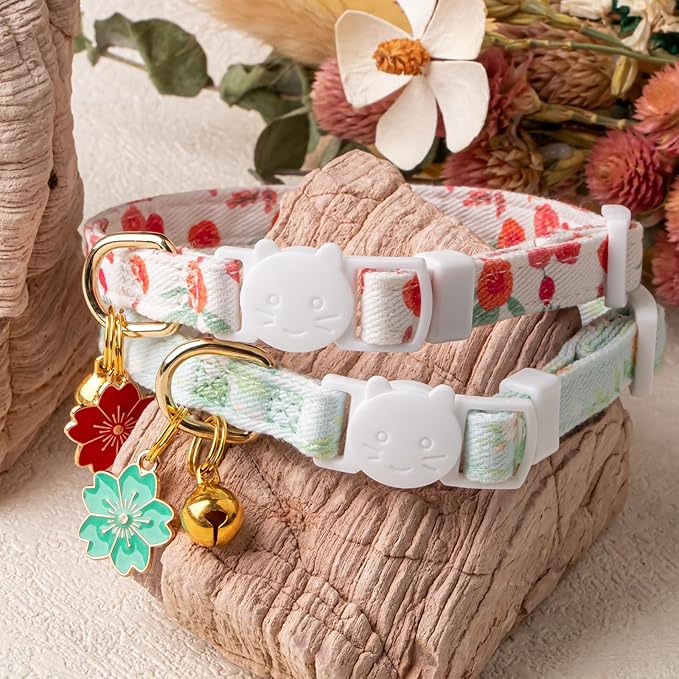 2 Pack Cotton Breakaway Cat Collar Green and Red Flowers Pendant Cute Kitten Cat Collar with Bell